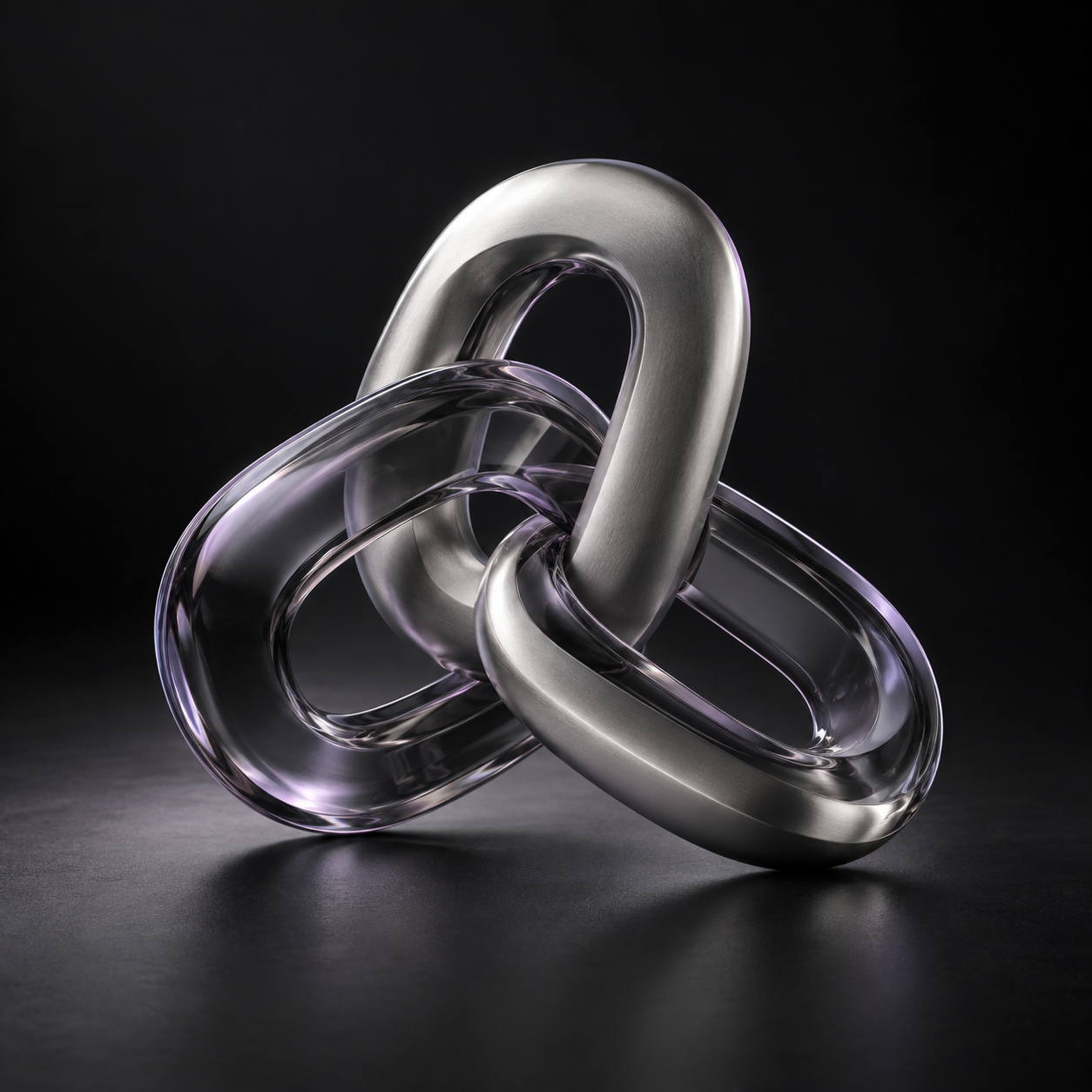Interlocking glass and silver links, illustrating connected networks.